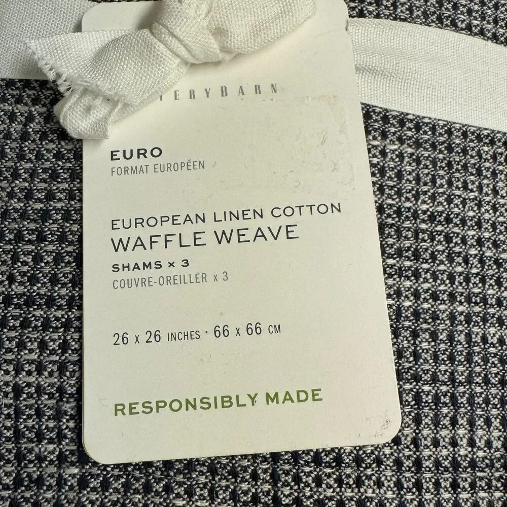 Pottery Barn European Linen Waffle Weave Euro Sham 3-Pack Set Ebony 26x26 NEW